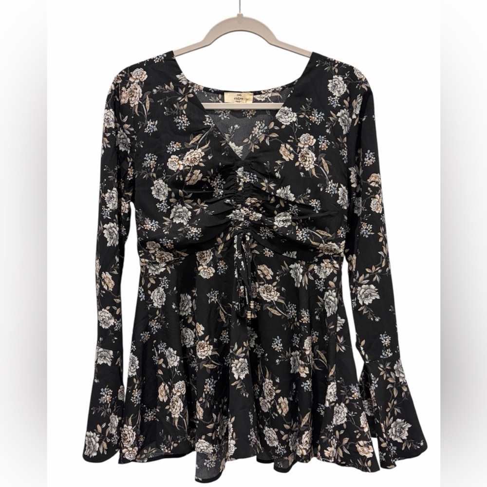 Entro Grunge Fairycore Black Floral Babydoll Bell Sleeve Blouse Size Medium